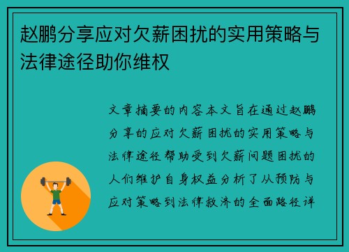 赵鹏分享应对欠薪困扰的实用策略与法律途径助你维权 赵鹏分享应对欠薪困扰的实用策略与法律途径助你维权